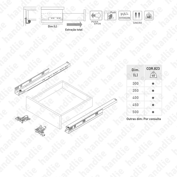 COR.823 - Corrediças ocultas com sistema Push Open para gavetas / Extração total / 40kg