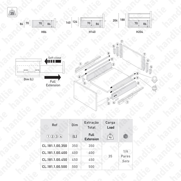 CL.181.1.00 - H.204 -  SPM QUICK SLIDE - Laterais com corrediças Soft-Close para gavetões 204 mm / Extração total / 35kg