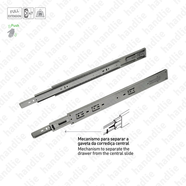 COR.A47.2L com Push Open - Corrediças com esferas + sistema Push Open para gavetas / 2 Lanços / Extração total / 35Kg (par)