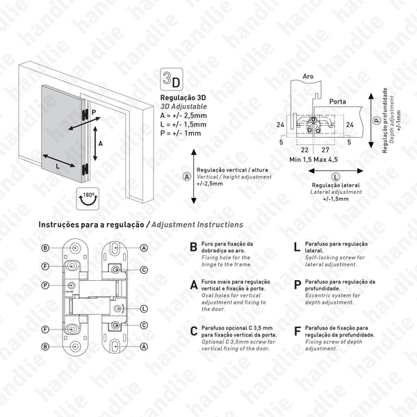 D.505.3D - Dobradiça oculta 3D - Carga 40Kg