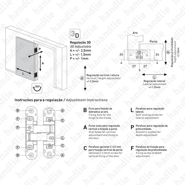 D.506.3D - Dobradiça oculta / Invisível 3D - Carga 60Kg