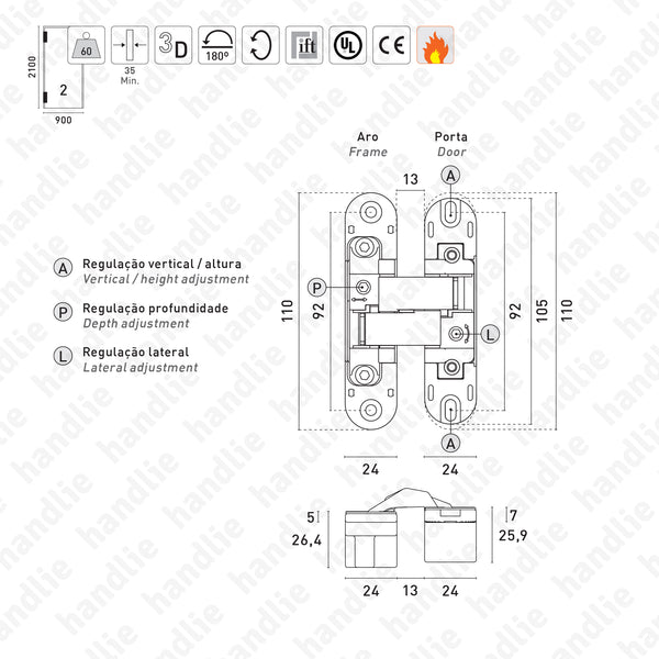D.506.3D - Dobradiça oculta / Invisível 3D - Carga 60Kg