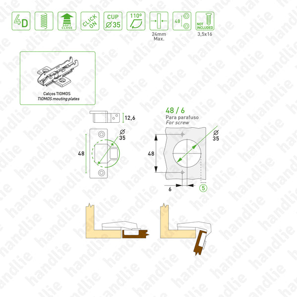 D.GRA.F028.138.900 - Dobradiça "TIOMOS" +90º / 110º - Com amortecedor - Afinação 4D | GRASS