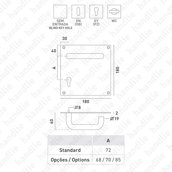 P.IN.8571 - Par puxador com placa quadrada - Inox