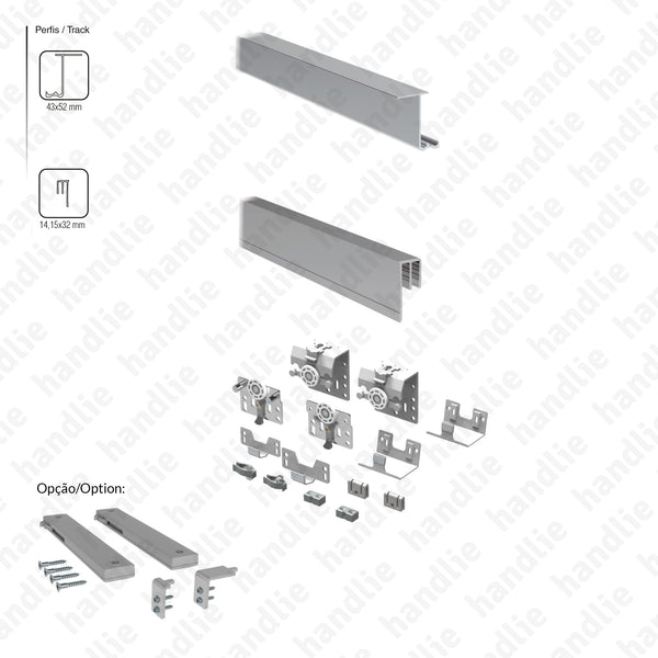 Front Timber SF-F40 - 2 FOLHAS - Sistema para portas de correr para móveis e armários em madeira / Suspenso - Até 40Kg por folha | SAHECO
