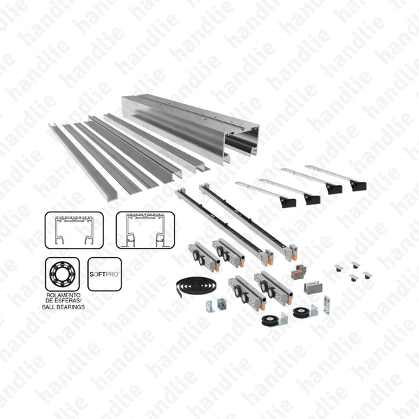 KIT SV-T-PRO X110 Multiplo Compact Glass - Kit completo para portas de correr passagem em vidro + SOFTPRO DUPLO p/ portas de 12mm até 110kg | SAHECO